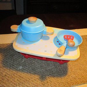 Hape Wooden Pretend  Play Kitchen Stove Top Set with two Pots one lid & Spatula